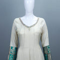 Elegant Off White Silk Anarkali Suit Teal Banarasi Dupatta Neckline