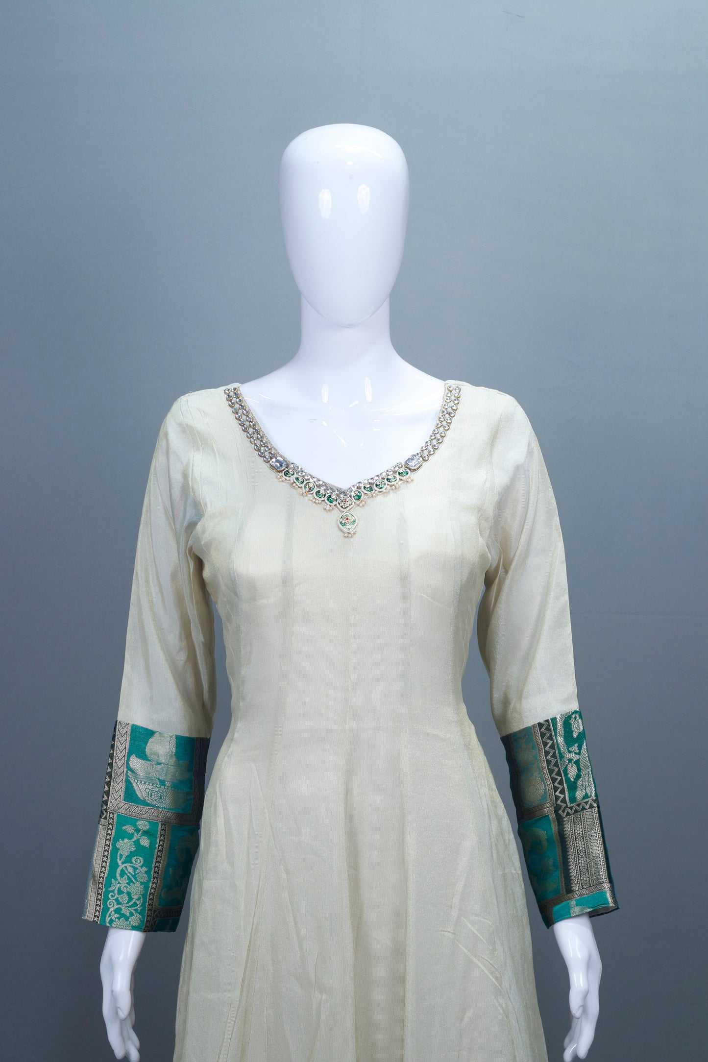 Elegant Off White Silk Anarkali Suit Teal Banarasi Dupatta Neckline