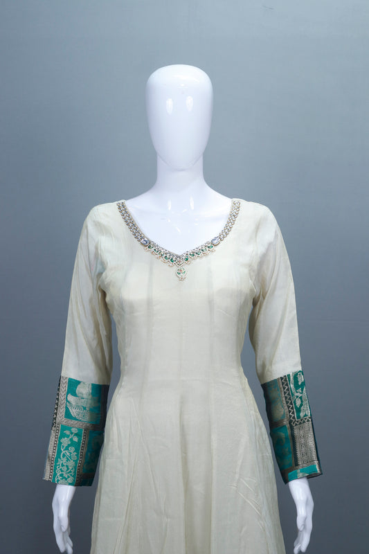 Elegant Off White Silk Anarkali Suit Teal Banarasi Dupatta Neckline