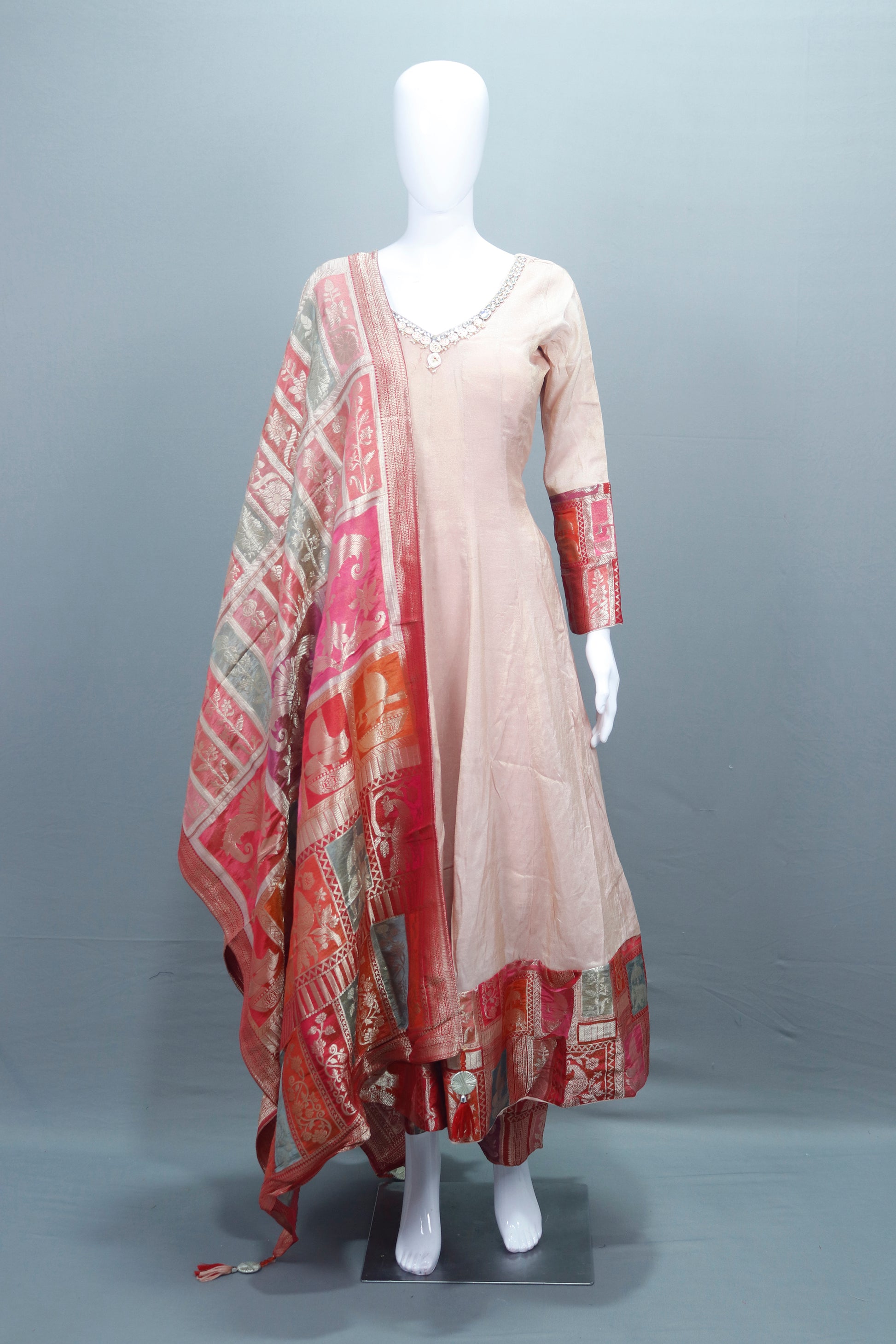 Elegant Beige Silk Anarkali Suit Banarasi Dupatta Detailing