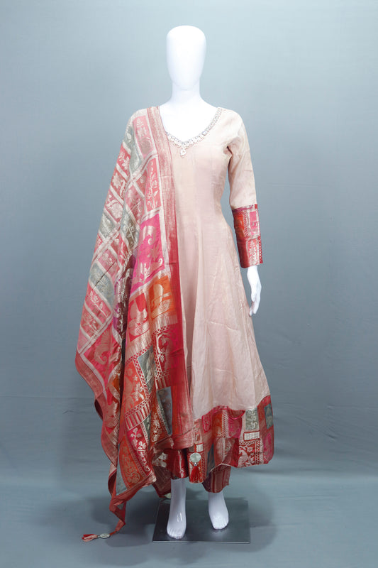 Elegant Beige Silk Anarkali Suit Banarasi Dupatta Detailing