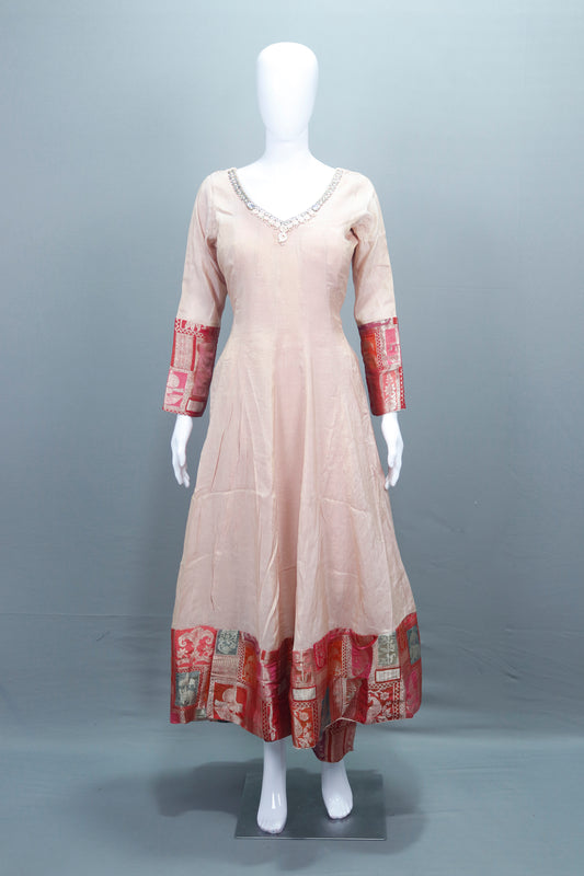 Elegant Beige Silk Anarkali Suit Banarasi Dupatta Detailing