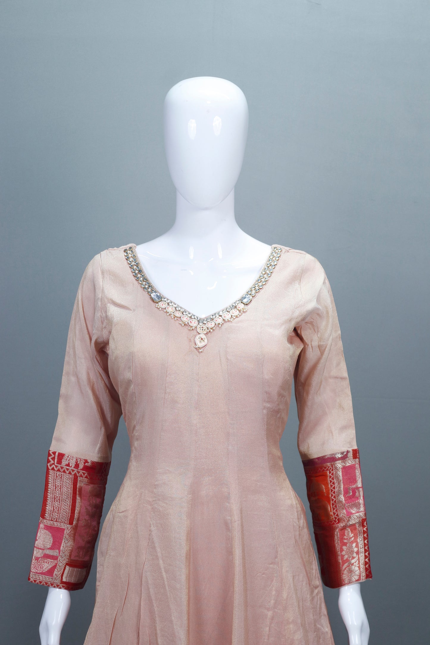 Elegant Beige Silk Anarkali Suit Banarasi Dupatta Detailing