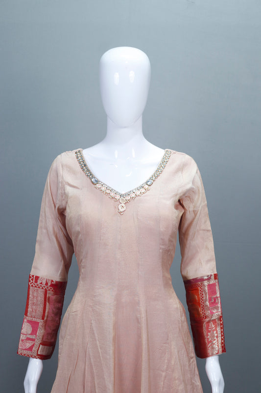 Elegant Beige Silk Anarkali Suit Banarasi Dupatta Detailing