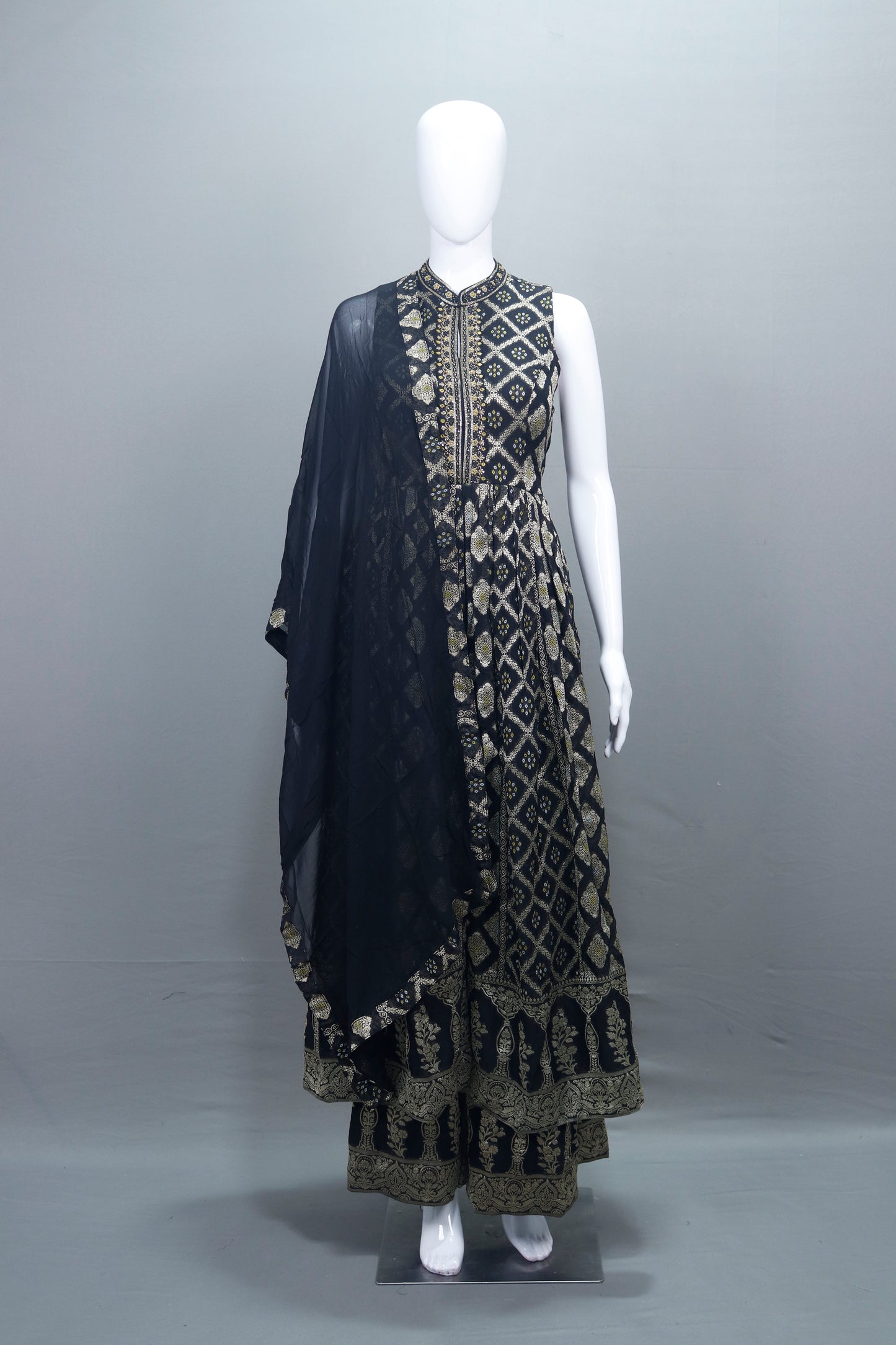 Elegant Black Anarkali Suit Golden Dupatta Party Wear 