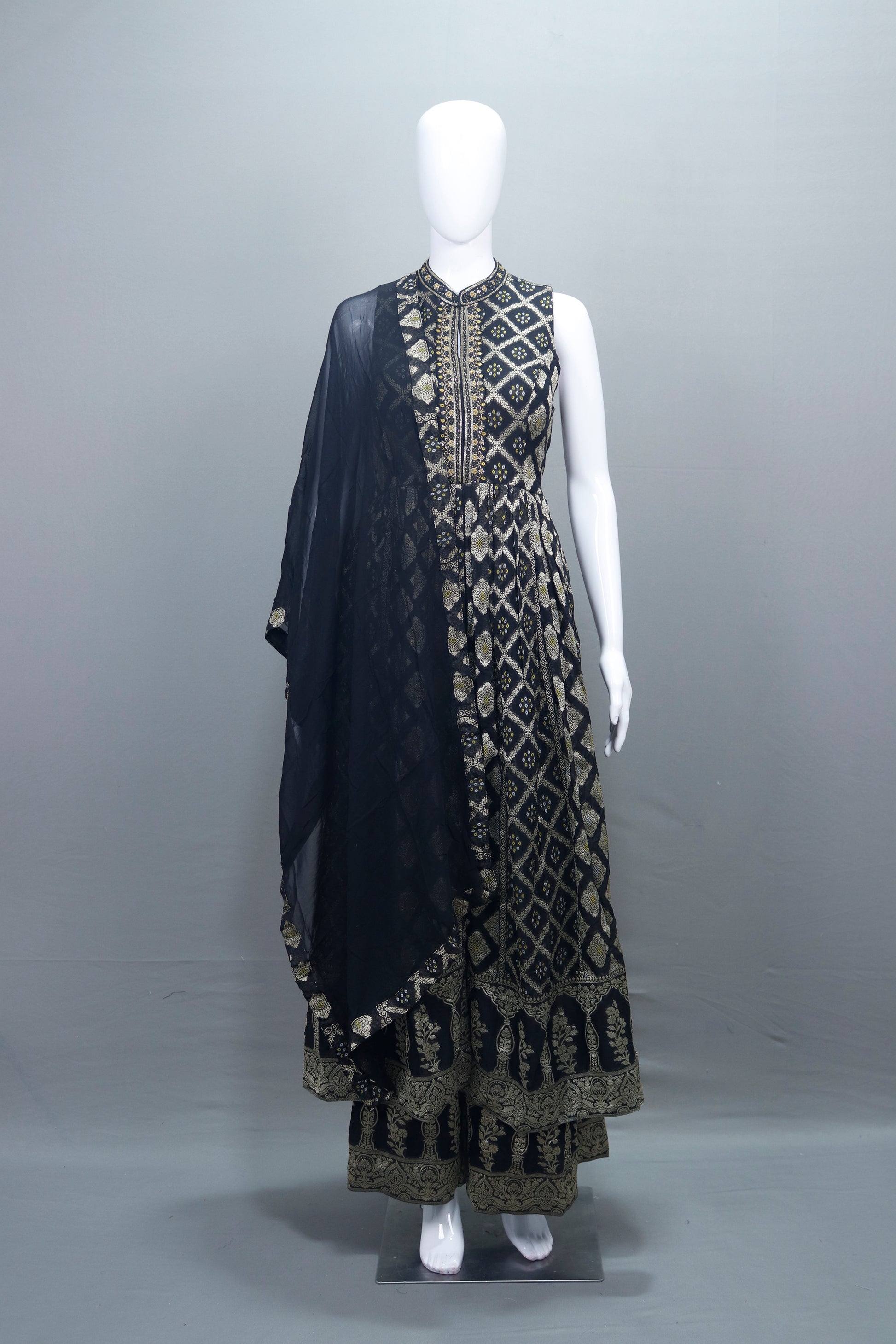 Elegant Black Anarkali Suit Golden Dupatta Party Wear 