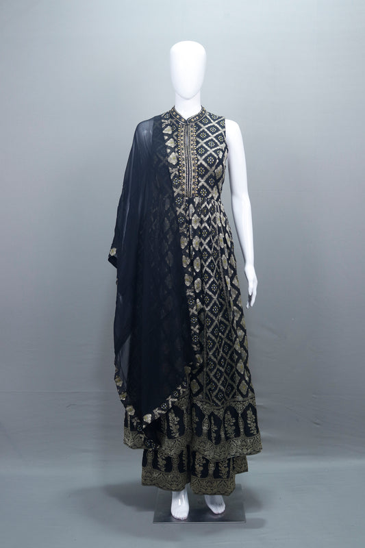 Elegant Black Anarkali Suit Golden Dupatta Party Wear 