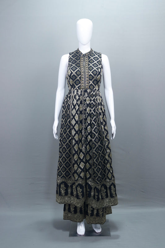 Elegant Black Anarkali Suit Golden Dupatta Party Wear