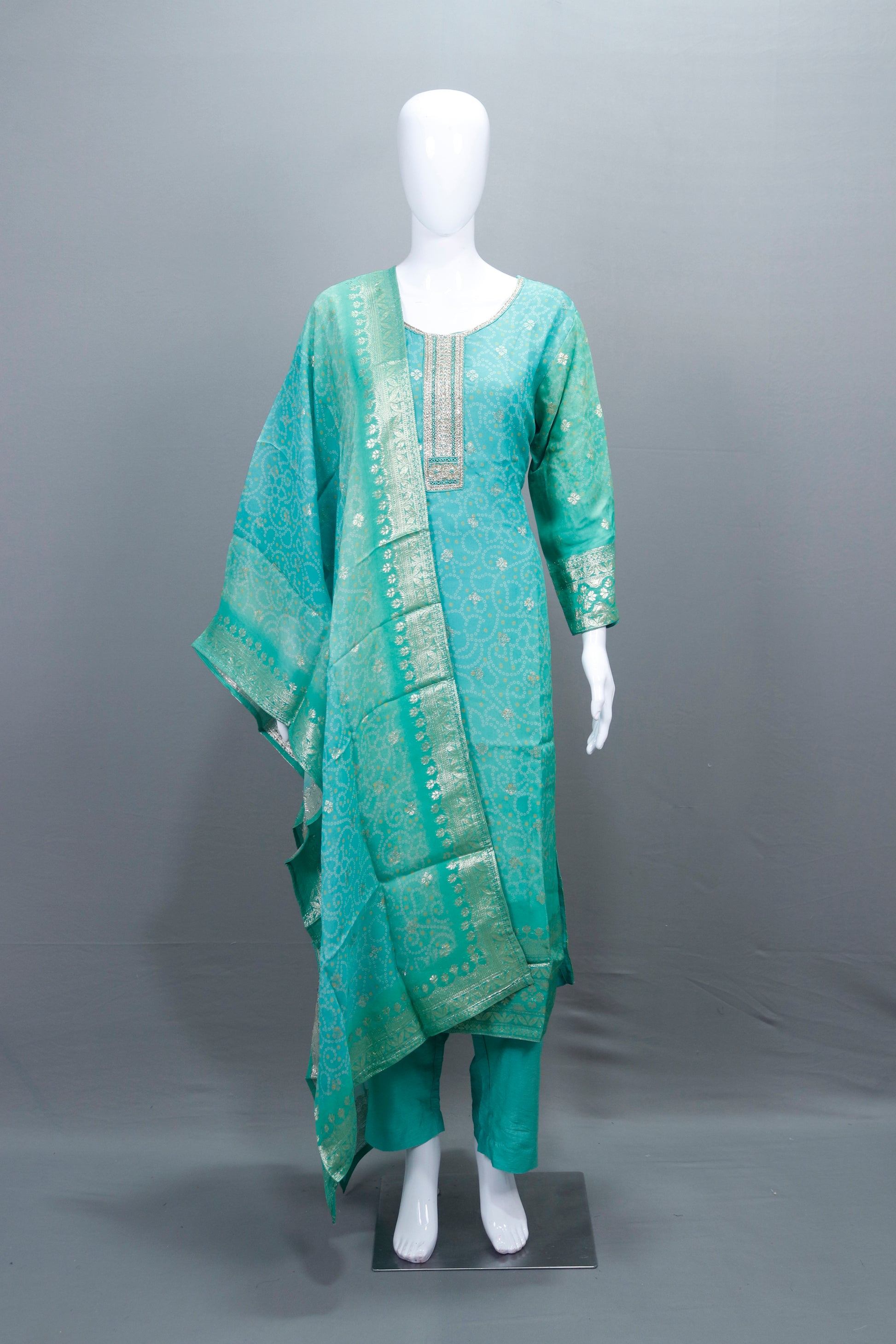 Elegant Green Straight Suit with Banarasi Dupatta Neckline Party Wear