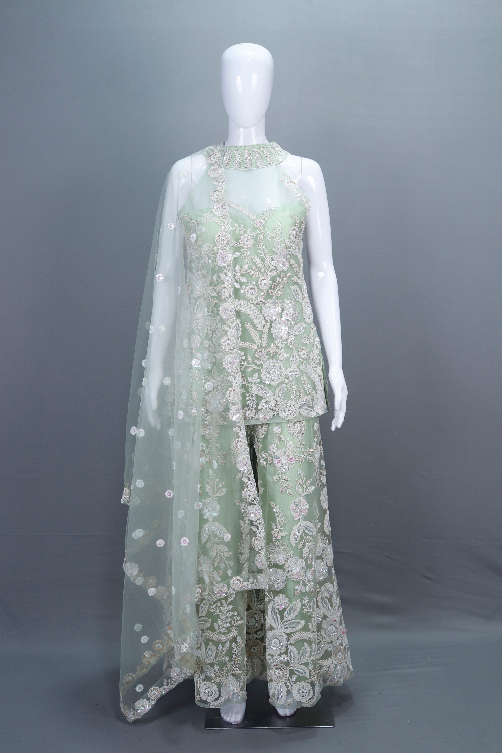 Pastel Green Net Sharara Suit with Dupatta Designer Party Wear