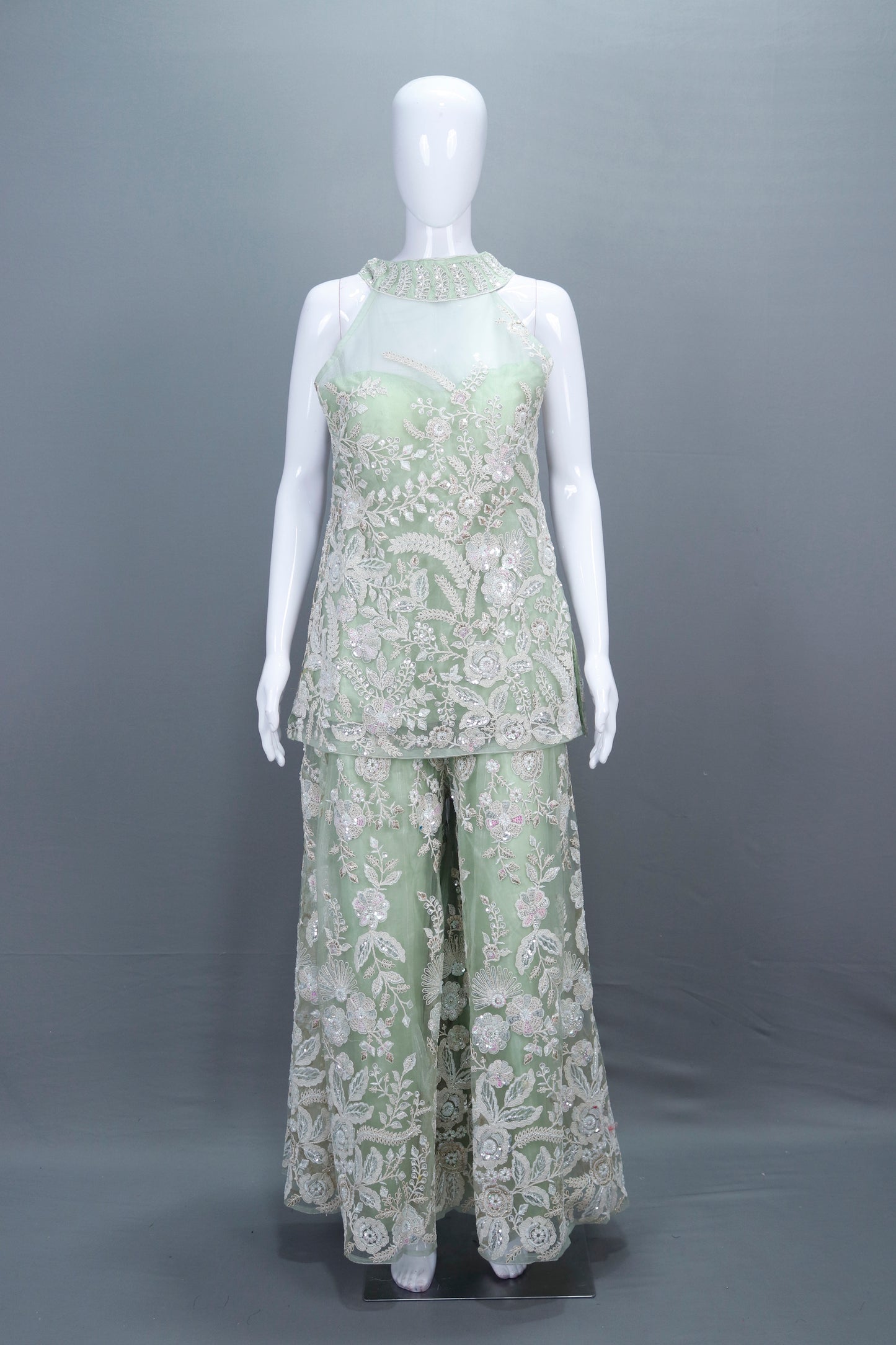 Pastel Green Net Sharara Suit with Dupatta Designer Party Wear