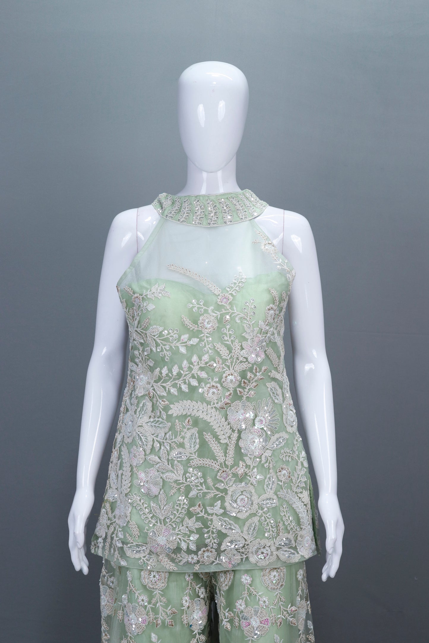 Pastel Green Net Sharara Suit with Dupatta Designer Party Wear