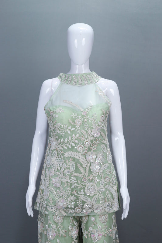 Pastel Green Net Sharara Suit with Dupatta Designer Party Wear