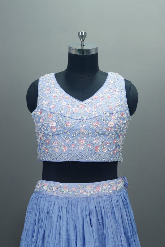 Icy Blue Drape Style Lehenga Choli with Dupatta Modern Party Wear