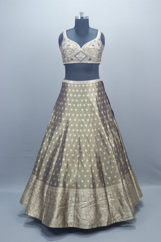 Olive Green Banarasi Silk Lehenga Choli Blouse Dupatta