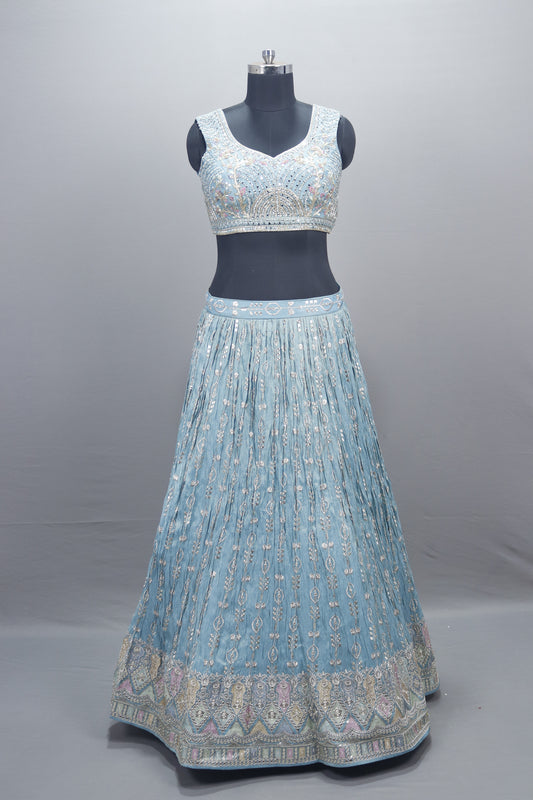 Sky Blue Silk Lehenga Choli with Dupatta  Party Wear Designer Lehenga