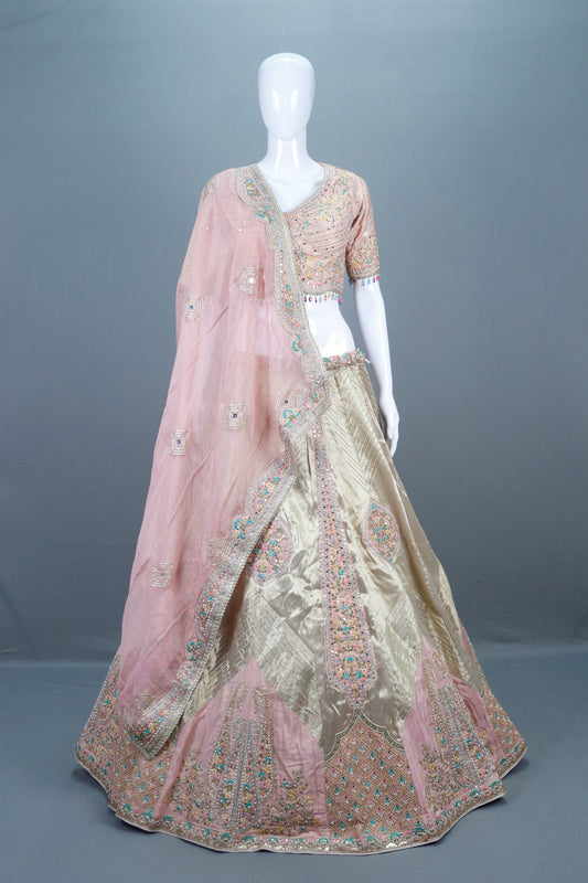 Pastel Pink and Beige Bridal Lehenga Silk Choli with Dupatta