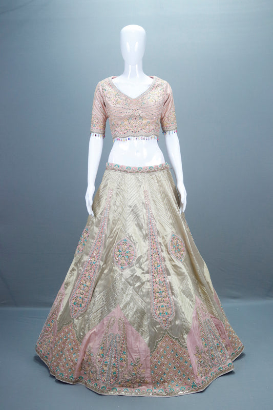Pastel Pink and Beige Bridal Lehenga Silk Choli with Dupatta