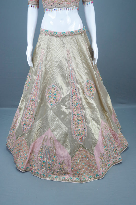 Pastel Pink and Beige Bridal Lehenga Silk Choli with Dupatta