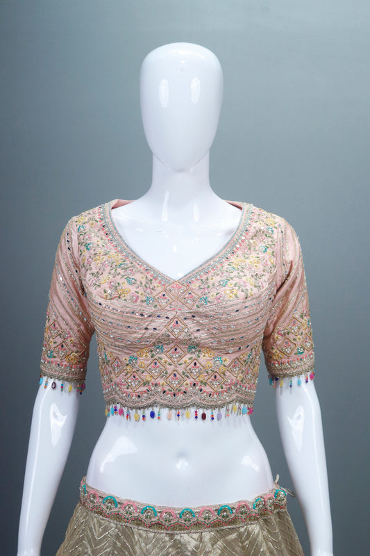 Pastel Pink and Beige Bridal Lehenga Silk Choli with Dupatta