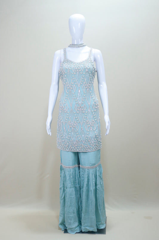 Designer Light Blue Sharara Suit Party Wear