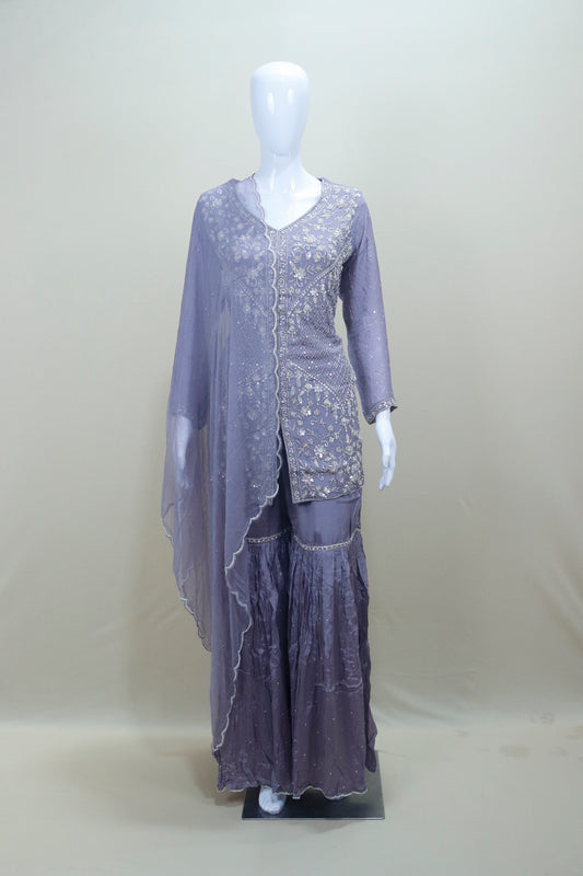 Elegant Lavender Sharara Suit Kurta with Dupatta  Party Wear