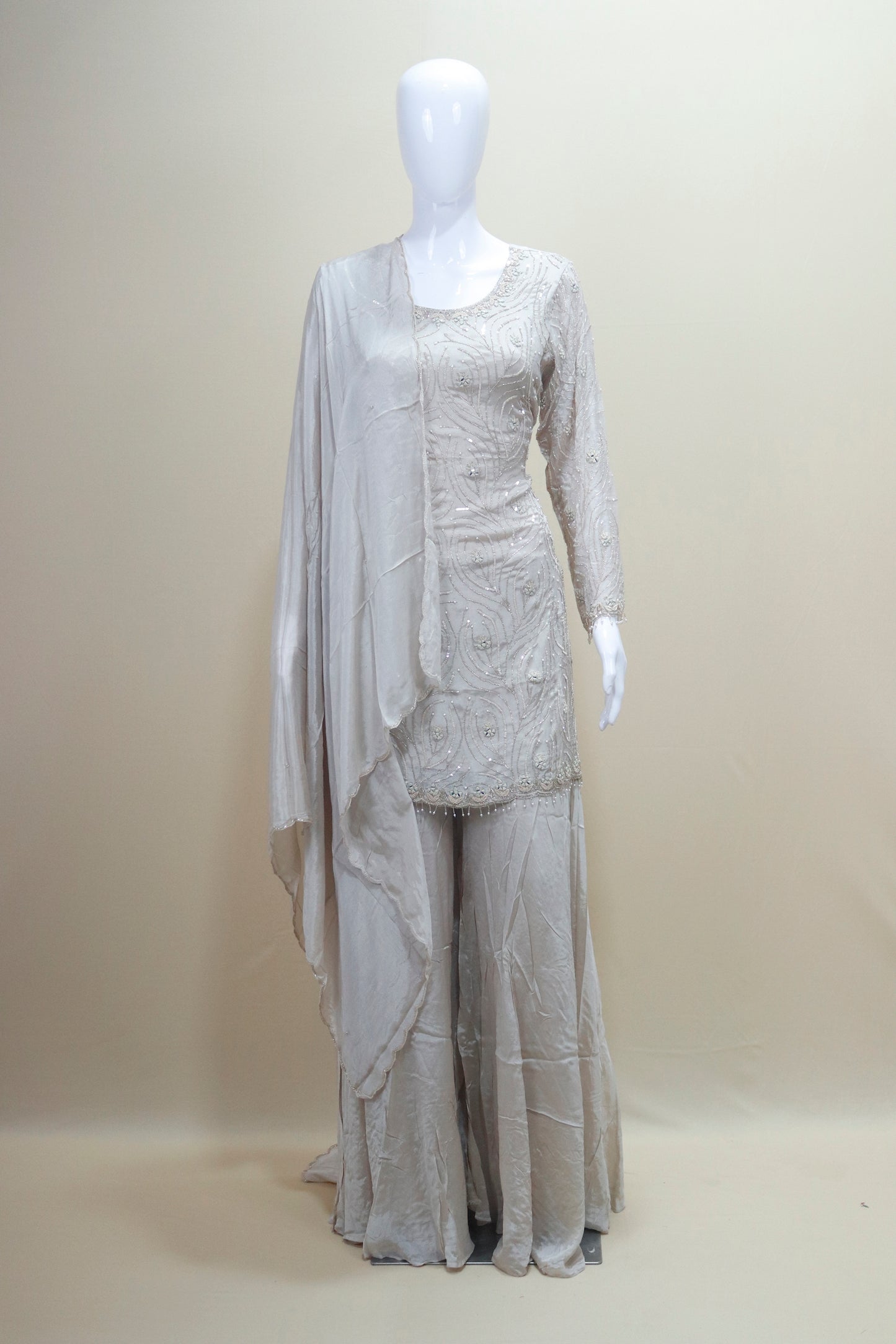 Elegant Beige Sharara Suit Kurta with Dupatta Party Wear