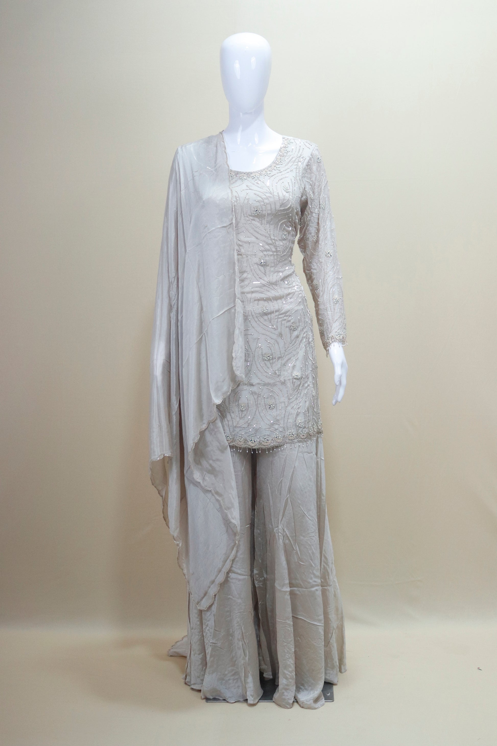 Elegant Beige Sharara Suit Kurta with Dupatta Party Wear