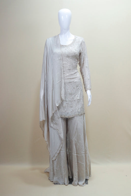 Elegant Beige Sharara Suit Kurta with Dupatta Party Wear
