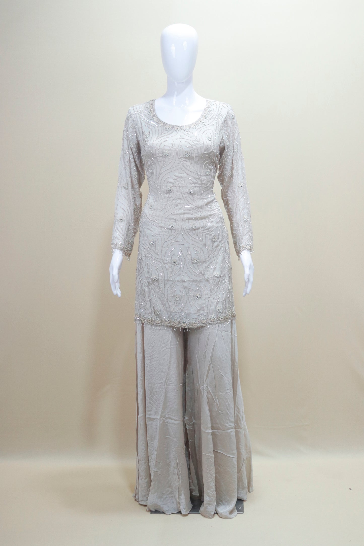 Elegant Beige Sharara Suit Kurta with Dupatta Party Wear