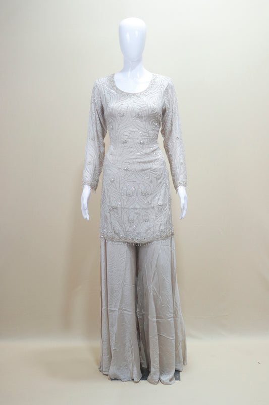 Elegant Beige Sharara Suit Kurta with Dupatta Party Wear
