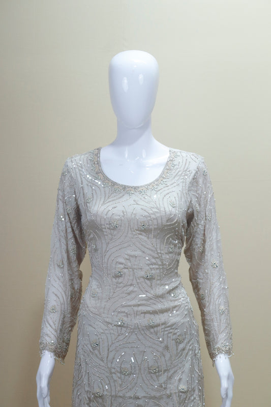 Elegant Beige Sharara Suit Kurta with Dupatta Party Wear