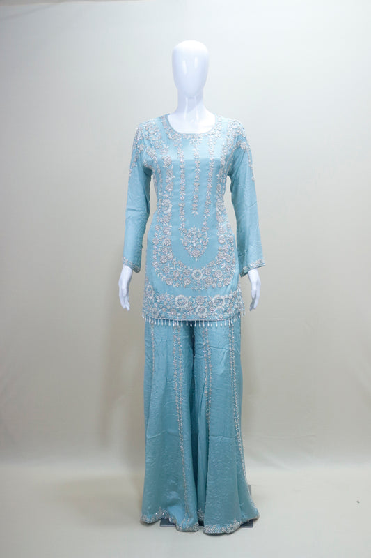 Pastel Blue Sharara Suit Kurta with Dupatta Party Wear