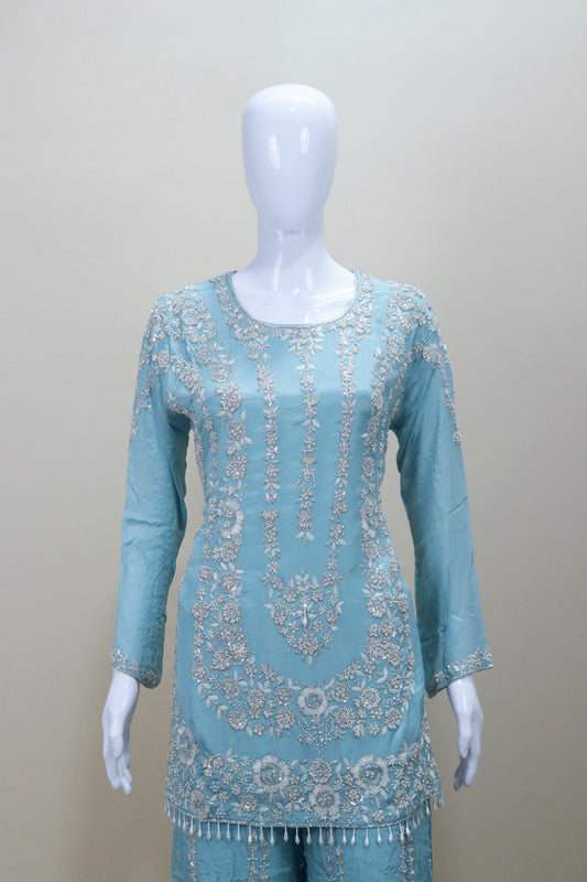 Pastel Blue Sharara Suit Kurta with Dupatta Party Wear