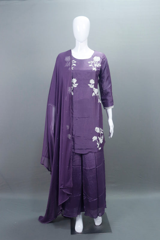  Purple Silk Kurta Set with Palazzo Dupatta Party Wear