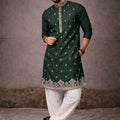 Stylish Rama Green Silk Printed Kurta Pajama Set for Men for Festival