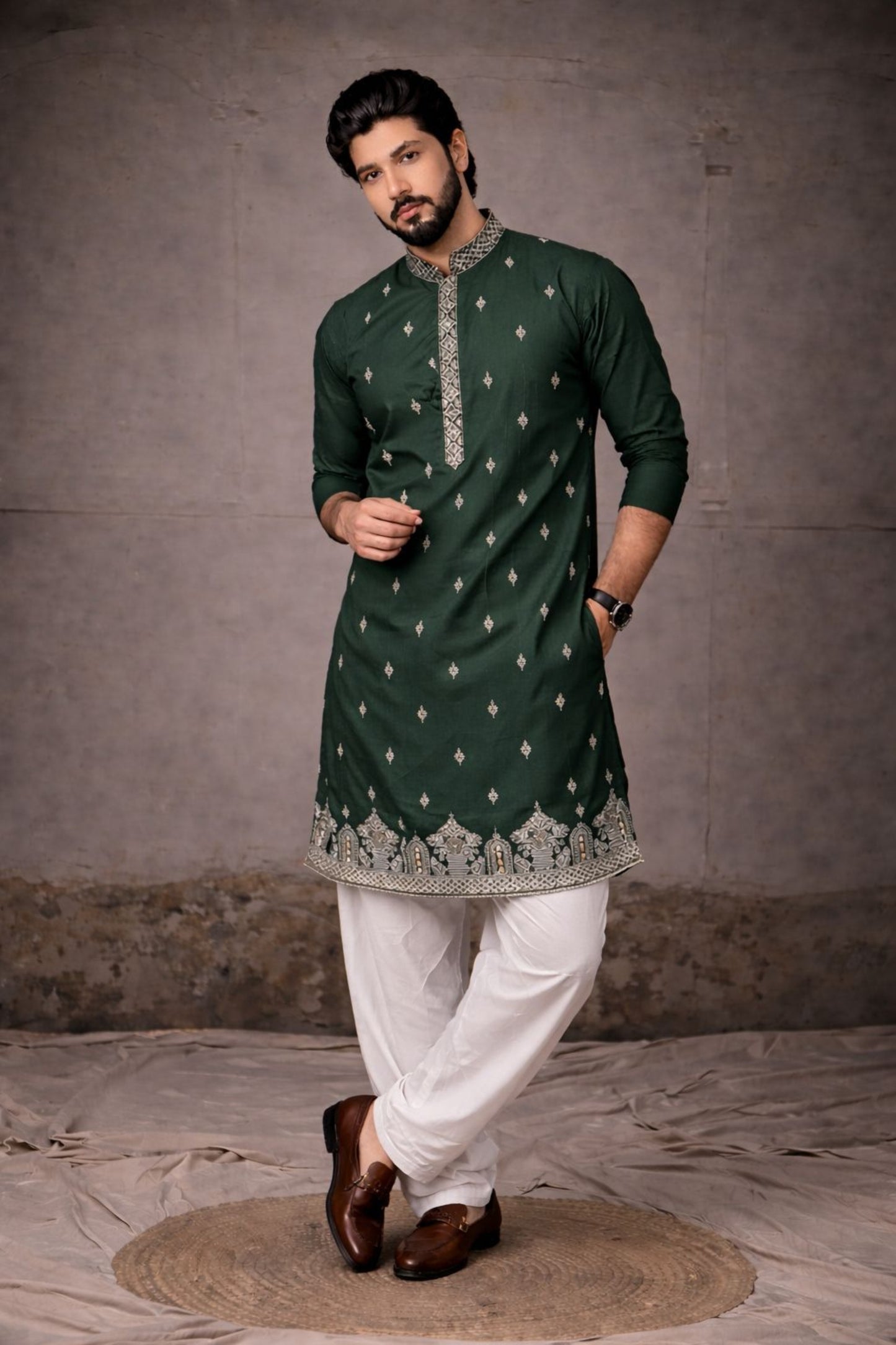 Stylish Rama Green Silk Printed Kurta Pajama Set for Men for Festival