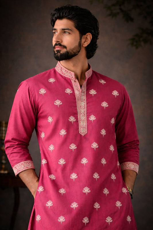 Wonderful Wine Silk Printed Kurta Pajama Set for Men for Festival