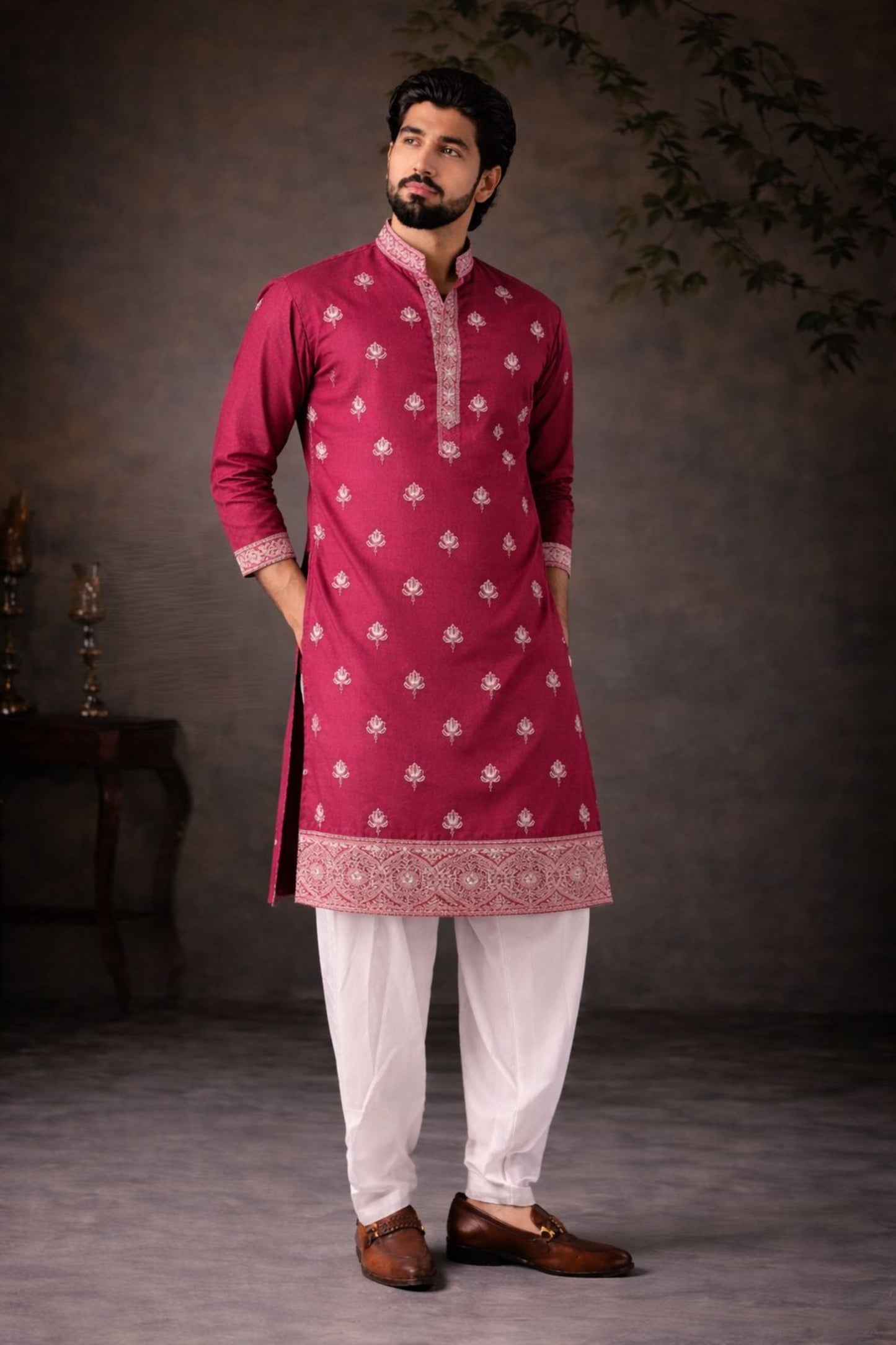 Wonderful Wine Silk Printed Kurta Pajama Set for Men for Festival