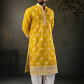 Vibrant Mustard Yellow Silk Printed Kurta Pajama Set for Men for Festival