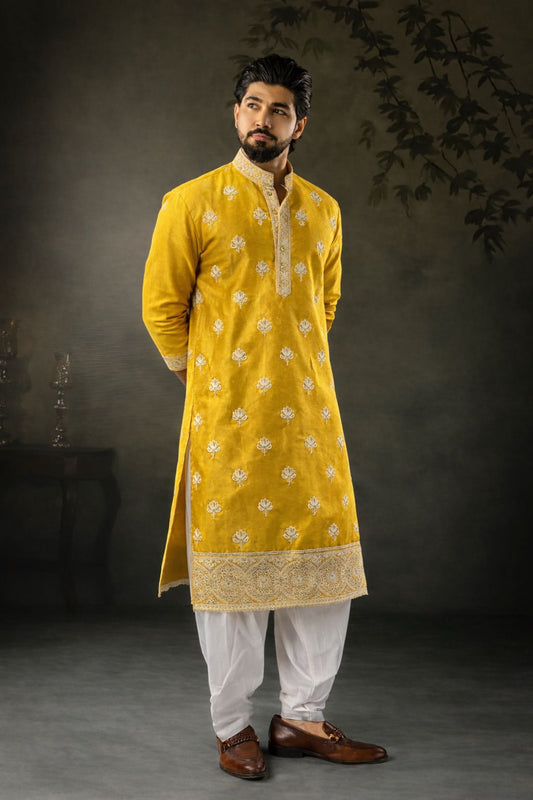 Vibrant Mustard Yellow Silk Printed Kurta Pajama Set for Men for Festival
