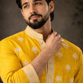 Vibrant Mustard Yellow Silk Printed Kurta Pajama Set for Men for Festival