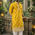 Vibrant Mustard Yellow Silk Printed Kurta Pajama Set for Men for Festival