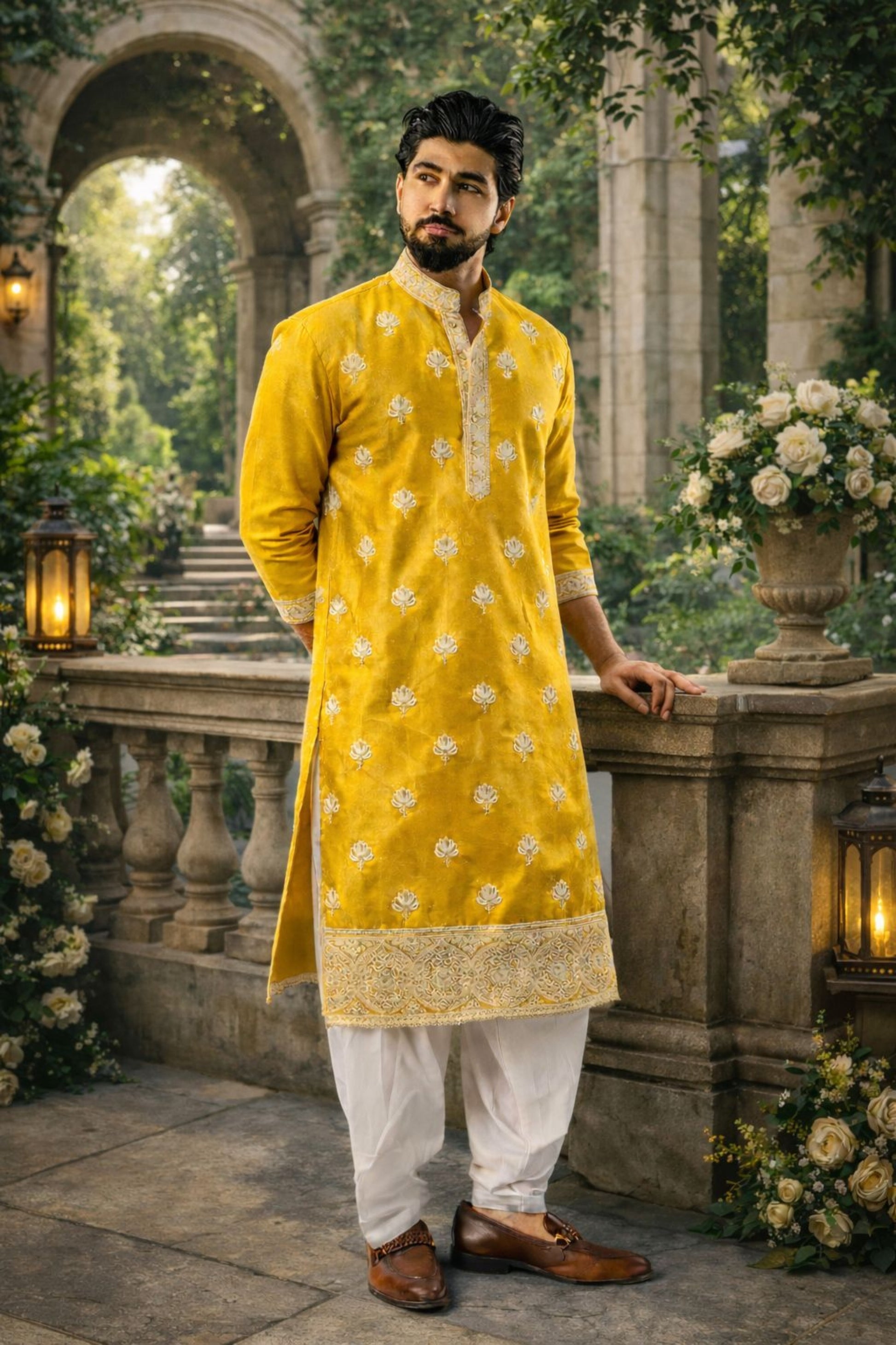 Vibrant Mustard Yellow Silk Printed Kurta Pajama Set for Men for Festival
