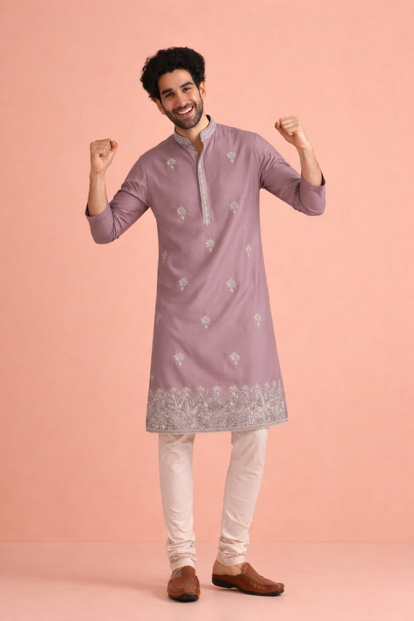 Charming Mauve Silk Printed Kurta Pajama Set for Men for Festival