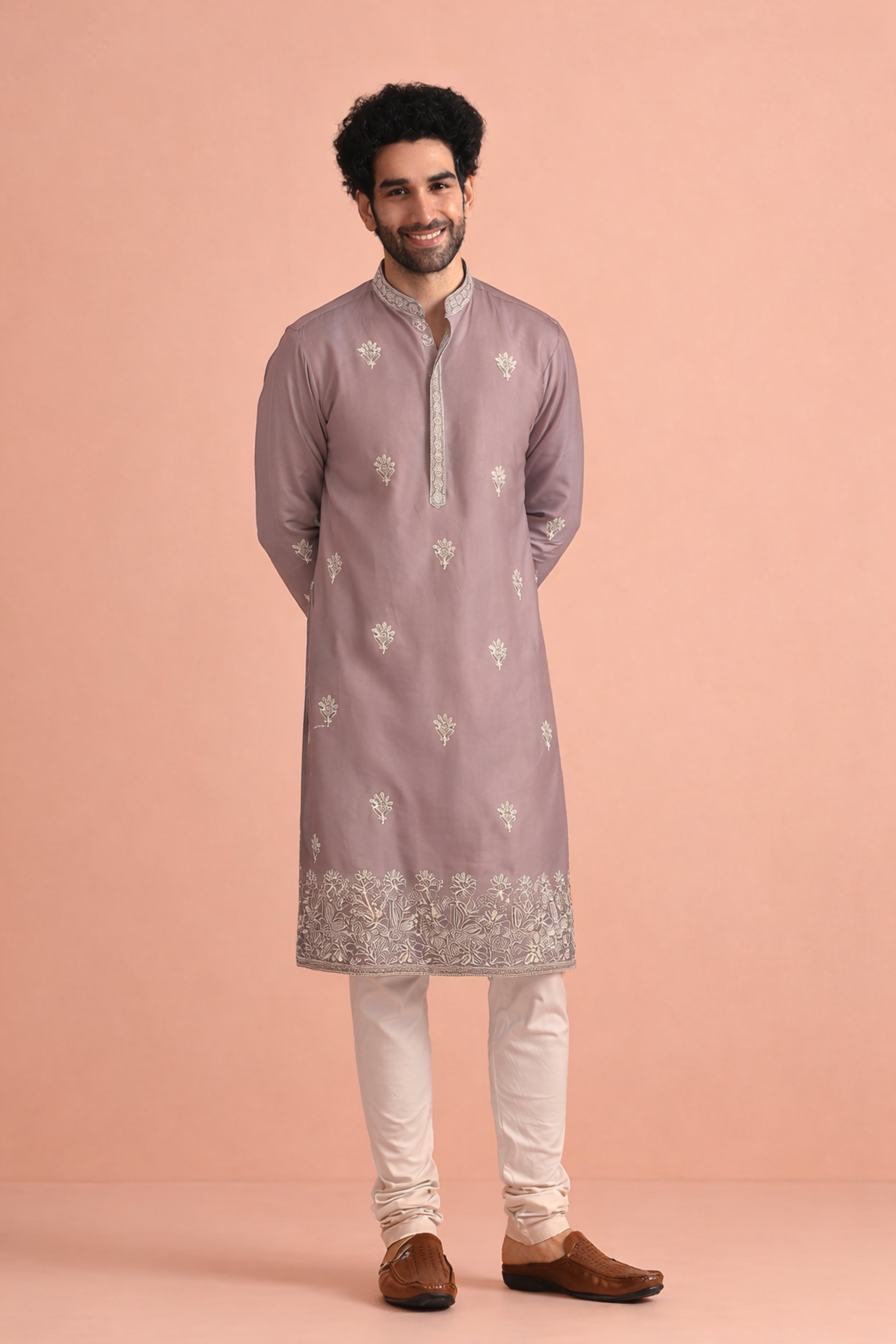 Charming Mauve Silk Printed Kurta Pajama Set for Men for Festival