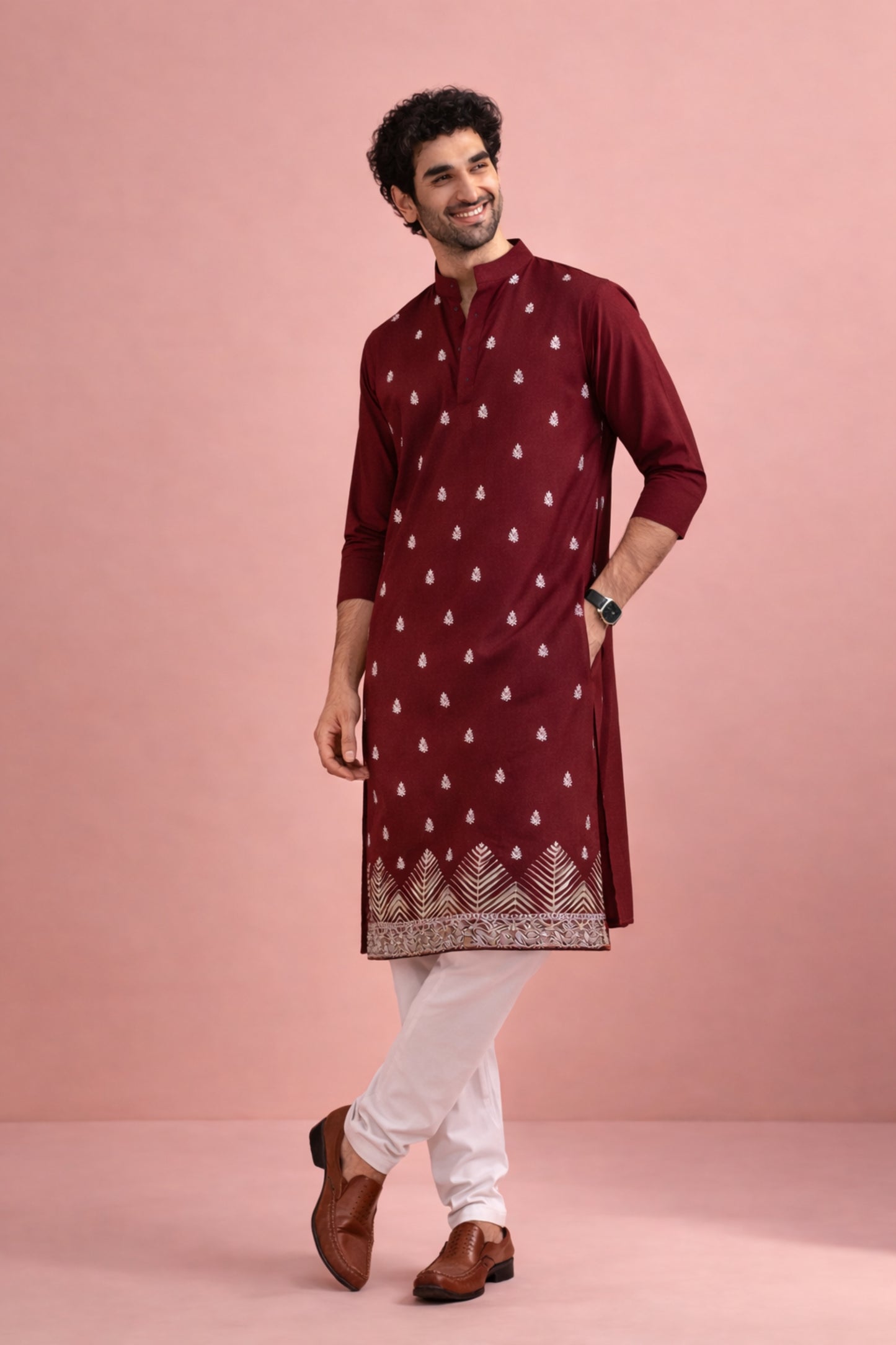 Awesome Maroon Velvet Printed Kurta Pajama Set for Men for Festival