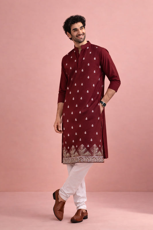 Awesome Maroon Velvet Printed Kurta Pajama Set for Men for Festival