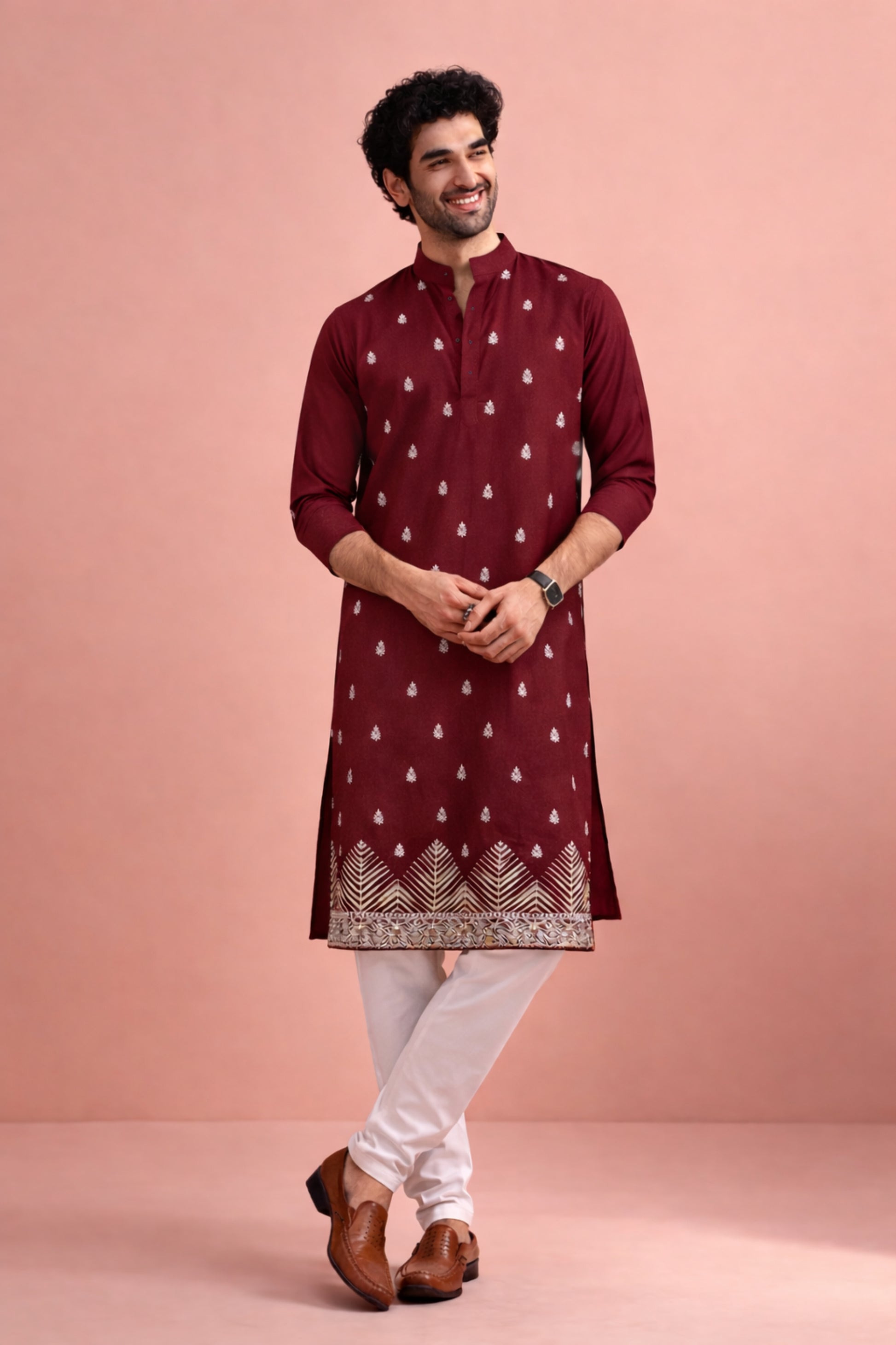 Awesome Maroon Velvet Printed Kurta Pajama Set for Men for Festival