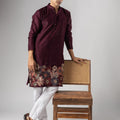 Classic Wine Velvet Printed Kurta Pajama Set for Men for Festival